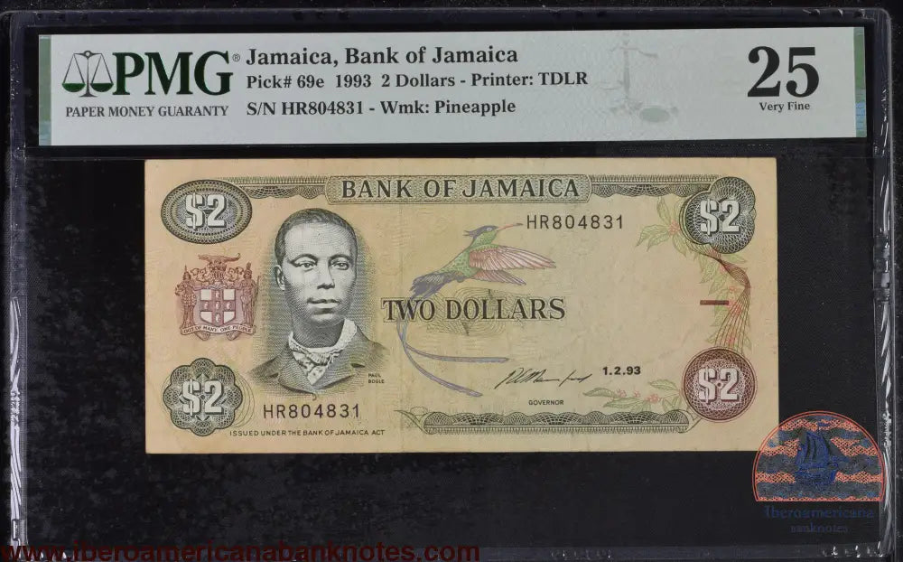Jamaica 2 dollars 1993 P69e PMG 25