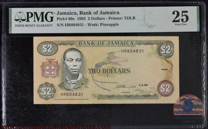 Jamaica 2 dollars 1993 P69e PMG 25