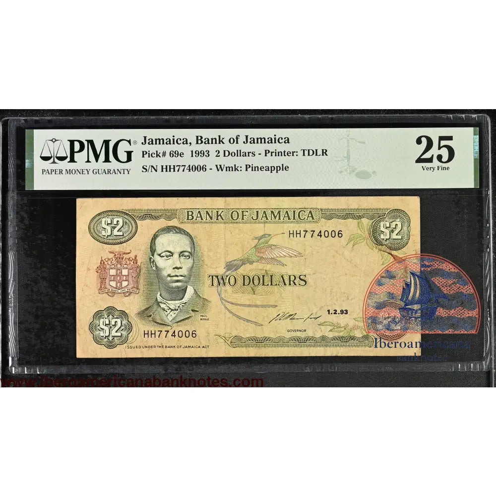 Jamaica 2 dollars 1993 P69e PMG 25