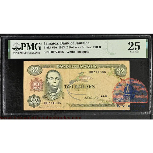Jamaica 2 dollars 1993 P69e PMG 25