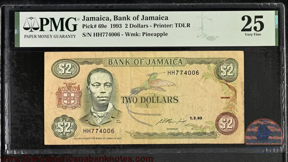Jamaica 2 dollars 1993 P69e PMG 25