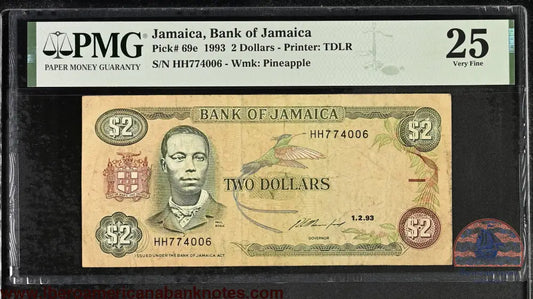 Jamaica 2 dollars 1993 P69e PMG 25