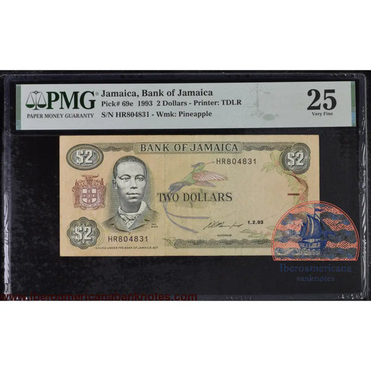 Jamaica 2 dollars 1993 P69e PMG 25