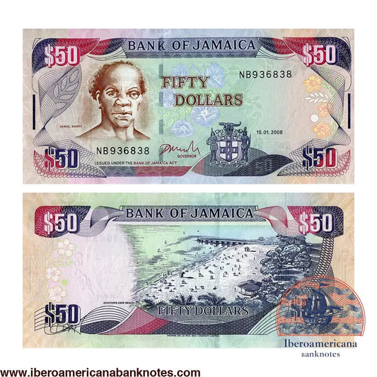 Billete de 50 dólares de Jamaica de 2008, Pick 83c, sin circular. Anverso con el retrato del héroe nacional Samuel Sharpe, líder de la rebelión de esclavos de la Guerra Baptista; reverso con Doctor's Cave Beach en Montego Bay, palmeras y el edificio del Bank of Jamaica.