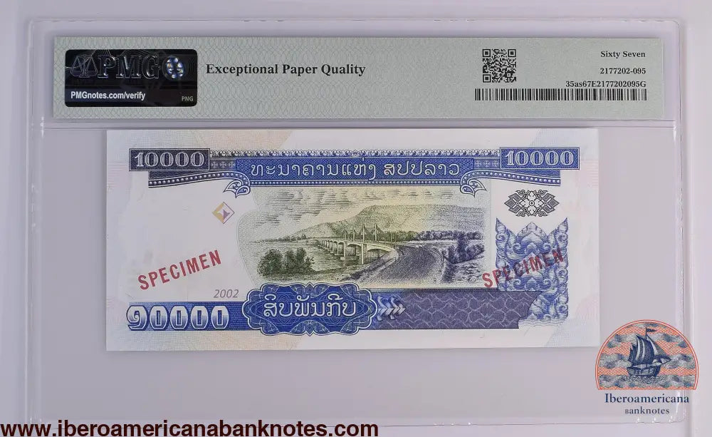 Lao People’s Democratic Republic 2002 P-35as PMG Superb Gem UNC 67 EPQ 10,000 Kip (Specimen)