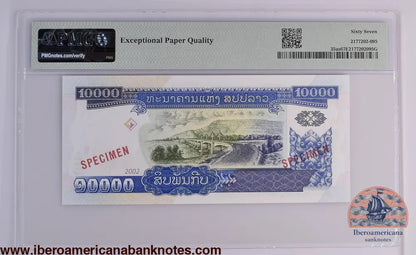 Lao People’s Democratic Republic 2002 P-35as PMG Superb Gem UNC 67 EPQ 10,000 Kip (Specimen)