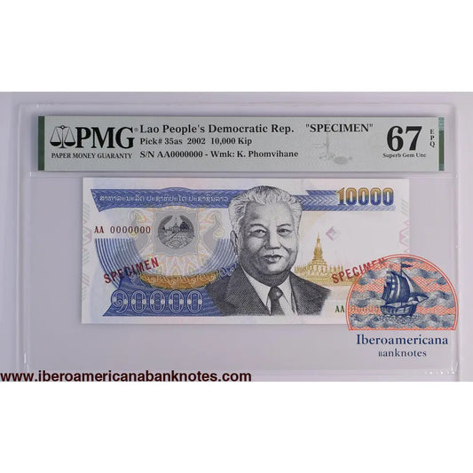 Lao People’s Democratic Republic 2002 P-35as PMG Superb Gem UNC 67 EPQ 10,000 Kip (Specimen)
