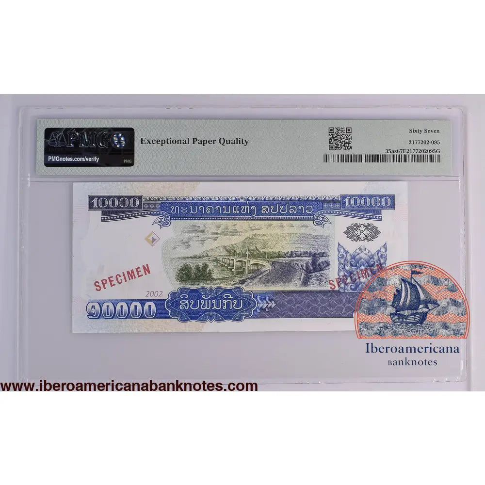 Lao People’s Democratic Republic 2002 P-35as PMG Superb Gem UNC 67 EPQ 10,000 Kip (Specimen)
