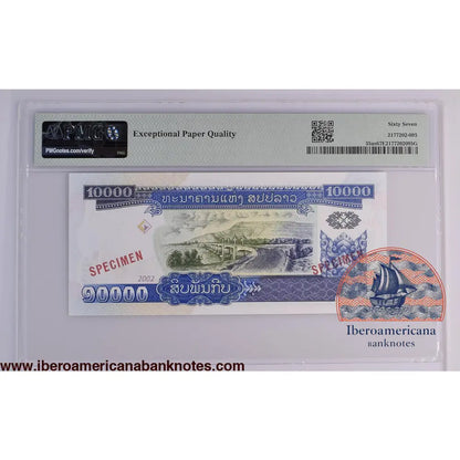 Lao People’s Democratic Republic 2002 P-35as PMG Superb Gem UNC 67 EPQ 10,000 Kip (Specimen)