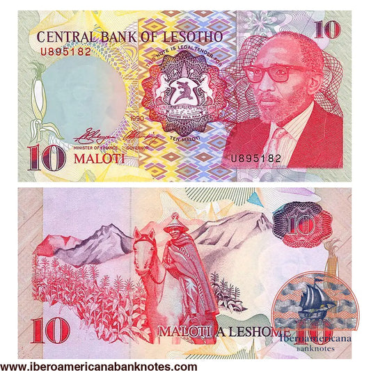Billete de 10 maloti de Lesoto de 1990, Pick 11a, sin circular. Anverso con el retrato del rey Moshoeshoe II y el escudo nacional con el cocodrilo; reverso con un jinete basotho a caballo, con manta tradicional y sombrero cónico, entre maizales y montañas.