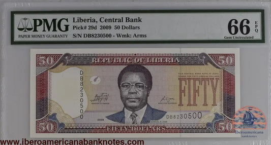 Liberia 2009 P-29d PMG Gem UNC 66 EPQ 50 Dollars