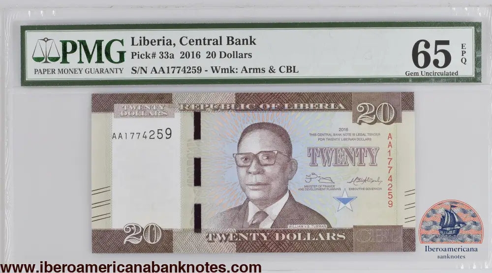 Liberia 2016 P-33a PMG Gem UNC 65 EPQ 20 Dollars