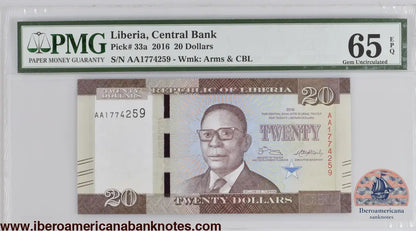 Liberia 2016 P-33a PMG Gem UNC 65 EPQ 20 Dollars