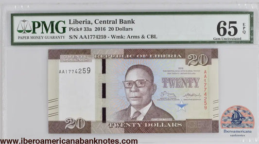 Liberia 2016 P-33a PMG Gem UNC 65 EPQ 20 Dollars