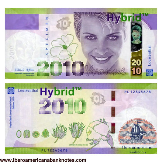 Billete de prueba alemán "Yvonne Hybrid 2010" de la papelera de seguridad Louisenthal, sin circular, impreso sobre un sustrato experimental híbrido de papel de algodón recubierto con polímero.