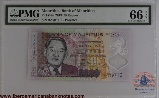 Mauritius 2013 P-64 PMG Gem UNC 66 EPQ 25 Rupees