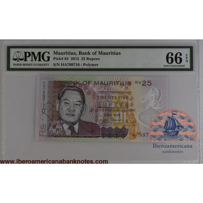 Mauritius 2013 P-64 PMG Gem UNC 66 EPQ 25 Rupees