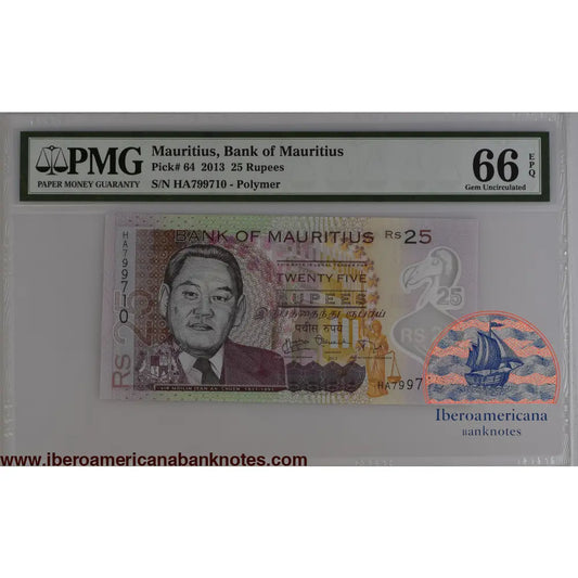 Mauritius 2013 P-64 PMG Gem UNC 66 EPQ 25 Rupees