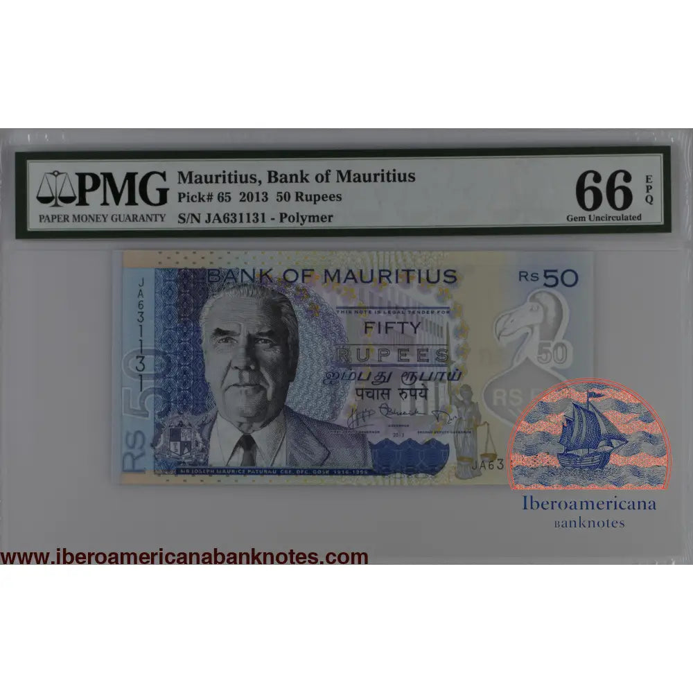 Mauritius 2013 P-65 PMG Gem UNC 66 EPQ 50 Rupees