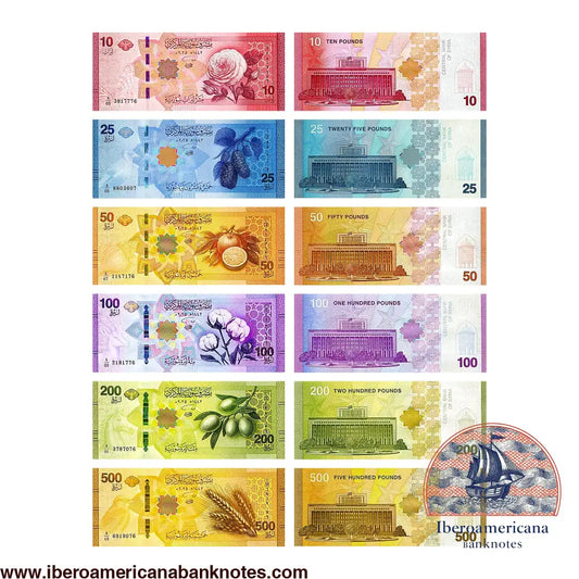 Set de seis billetes de 10, 25, 50, 100, 200 y 500 libras de Siria de 2025, Pick 119 a 124, sin circular. Anversos a la izquierda con rosa, moras, naranjas, algodón, aceitunas y trigo; reversos a la derecha con la sede del Banco Central de Siria en Damasco.