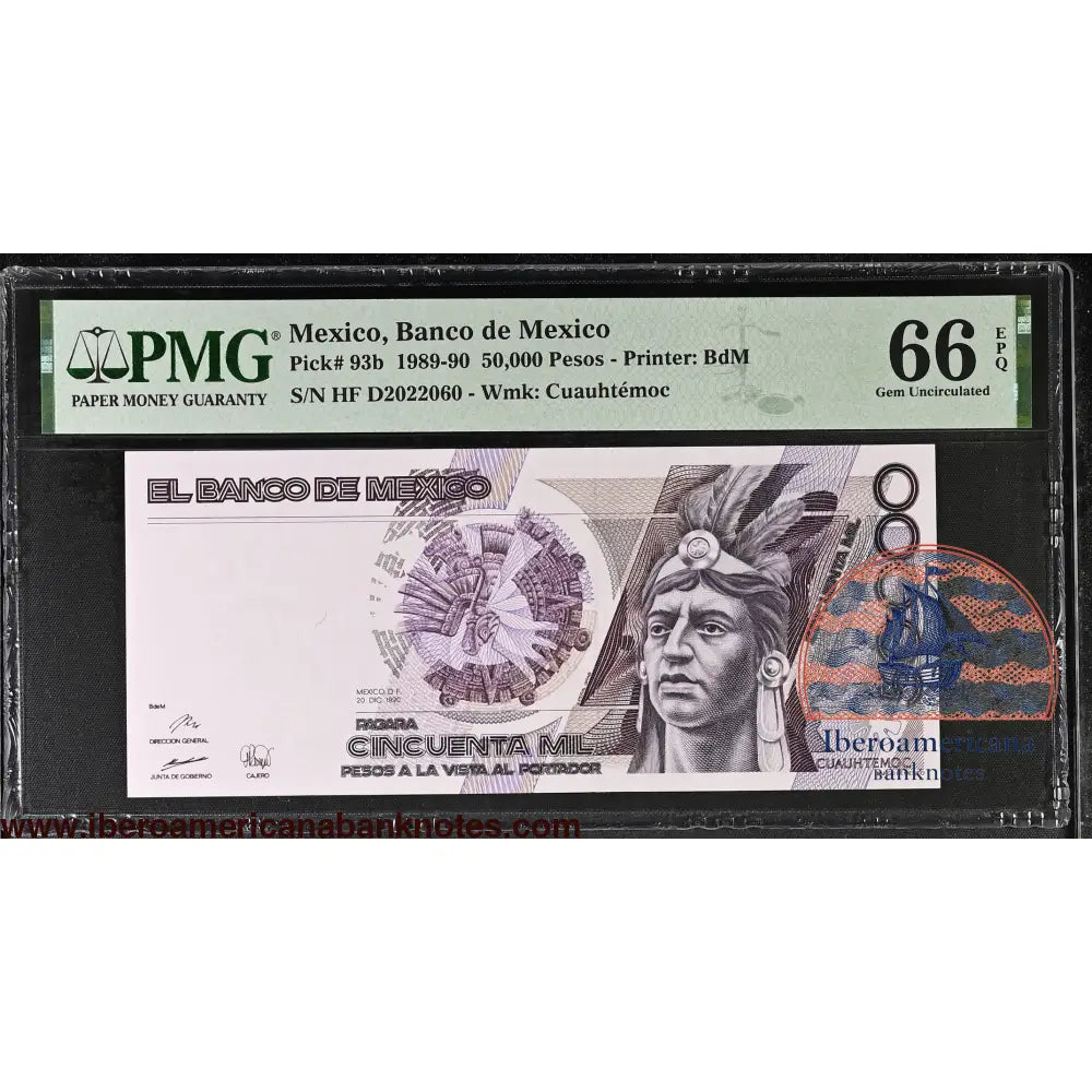 Mexico 20.12.1990 P-93b PMG Gem UNC 66 EPQ 50,000 Pesos