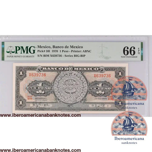 Billete de 1 peso de México de 1970, Pick 591, certificado PMG 66 EPQ, sin circular. Anverso con la Piedra del Sol, el calendario azteca hallado en el Zócalo capitalino; reverso con el Monumento a la Independencia de la Ciudad de México.