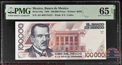 Mexico 4.1.1988 P-94a PMG Gem UNC 65 EPQ 100,000 Pesos