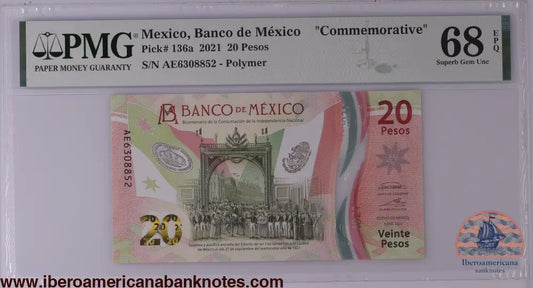 Mexico 6.1.2021 P-136a PMG Superb Gem UNC 68 EPQ 20 Pesos
