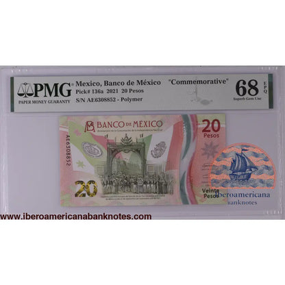 Mexico 6.1.2021 P-136a PMG Superb Gem UNC 68 EPQ 20 Pesos