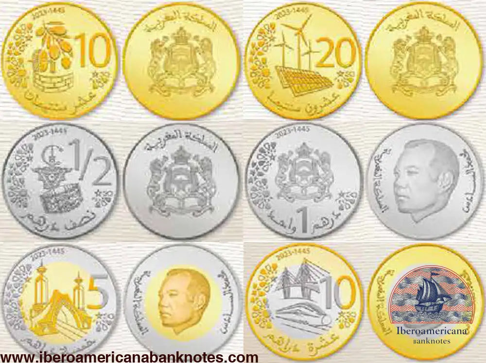 MOROCCO. MARRUECOS NUEVO SET 2023 UNC. 10 20 centimos 1/2 1 5 y 10 Dirhams