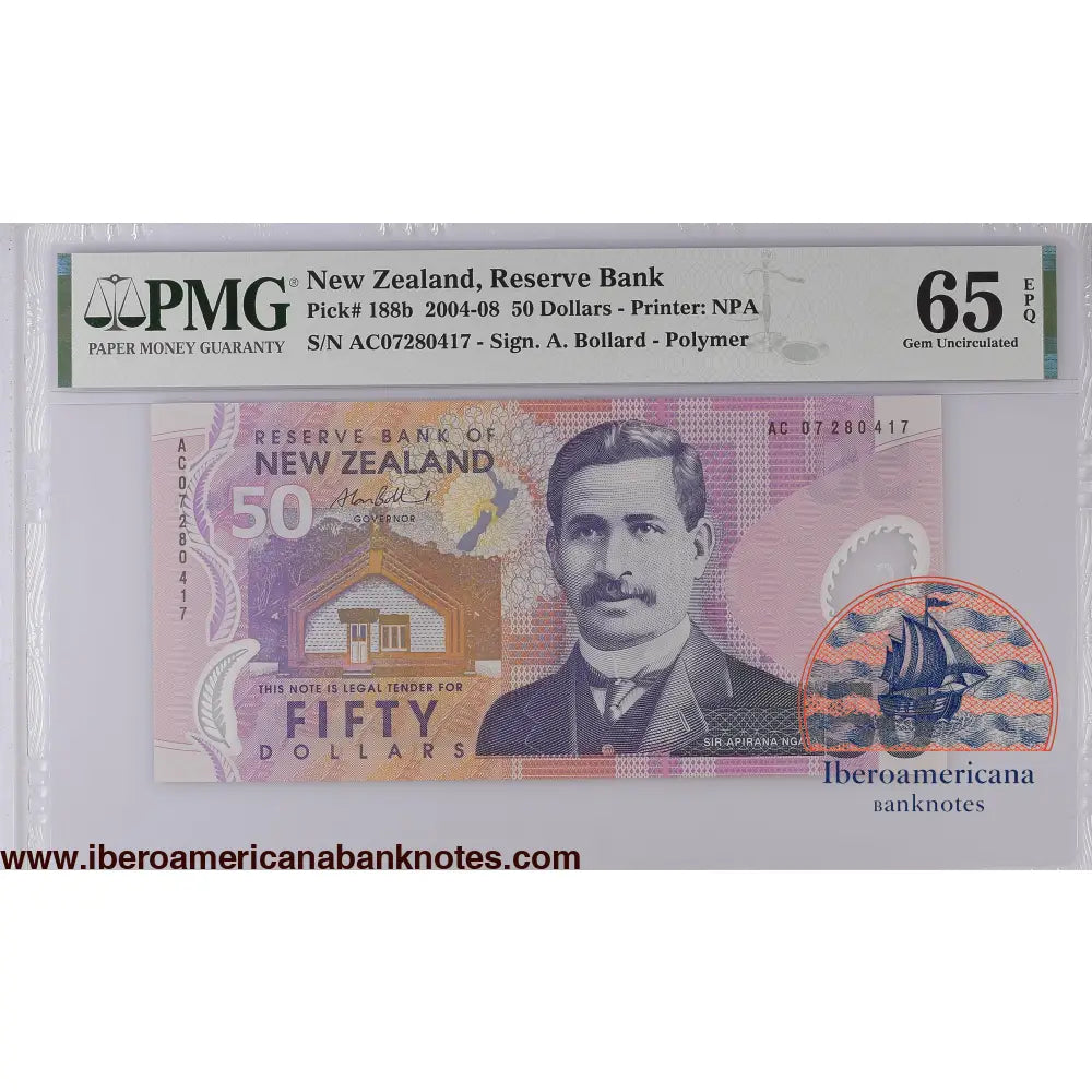 New Zealand 2007 P-188b PMG Gem UNC 65 EPQ 50 Dollars