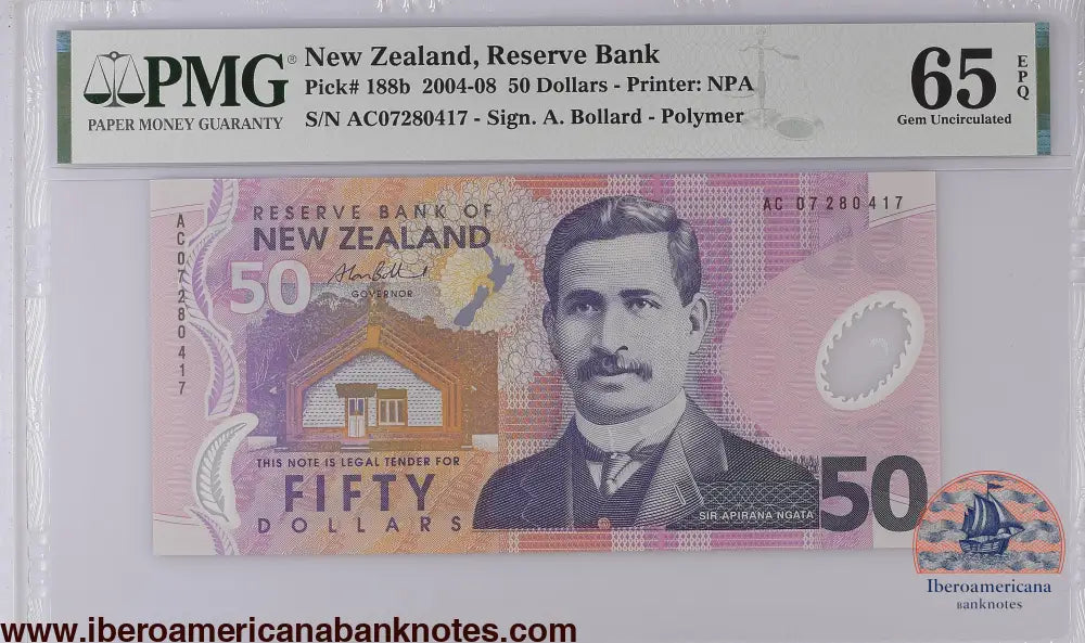 New Zealand 2007 P-188b PMG Gem UNC 65 EPQ 50 Dollars