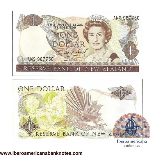 Billete de 1 dólar de Nueva Zelanda, sin fecha (1989-1992), Pick 169c, sin circular. Anverso con el cuarto retrato de la reina Isabel II; reverso con el pájaro fantail y flores de Clematis paniculata.