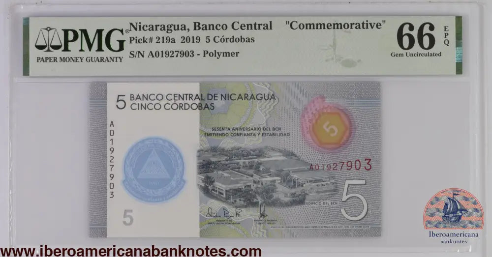 Nicaragua 23.10.2019 P-219a PMG Gem UNC 66 EPQ 5 Cordobas