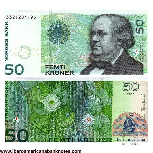 Billete de 50 coronas de Noruega de 2005, Pick 46c, sin circular. Anverso con el retrato del folclorista Peter Christen Asbjørnsen y una telaraña; reverso con nenúfares y una libélula.