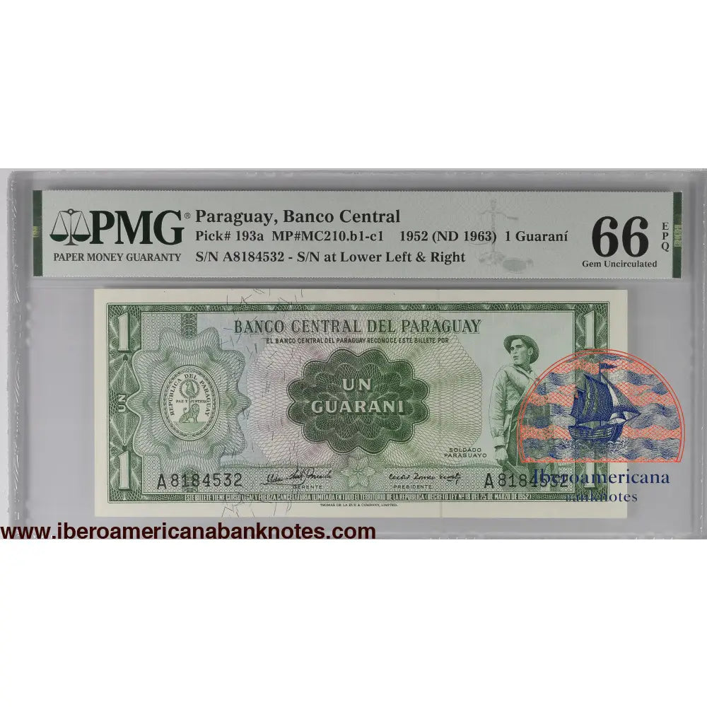 Paraguay 1 Guarani 1952 (1963) P 193a Prefix: A Grade 66 EPQ