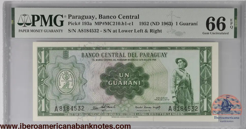 Paraguay 1 Guarani 1952 (1963) P 193a Prefix: A Grade 66 EPQ