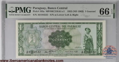 Paraguay 1 Guarani 1952 (1963) P 193a Prefix: A Grade 66 EPQ