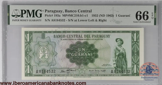 Paraguay 1 Guarani 1952 (1963) P 193a Prefix: A Grade 66 EPQ