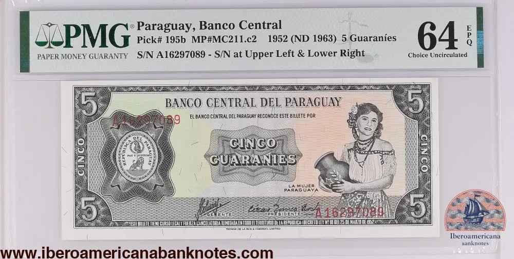 Paraguay 1952 (ND 1963) P-195b PMG Choice UNC 64 EPQ 5 Guaranies