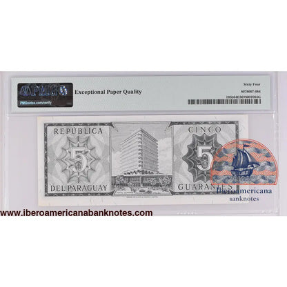 Paraguay 1952 (ND 1963) P-195b PMG Choice UNC 64 EPQ 5 Guaranies