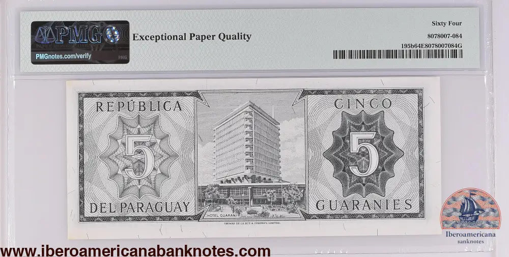 Paraguay 1952 (ND 1963) P-195b PMG Choice UNC 64 EPQ 5 Guaranies
