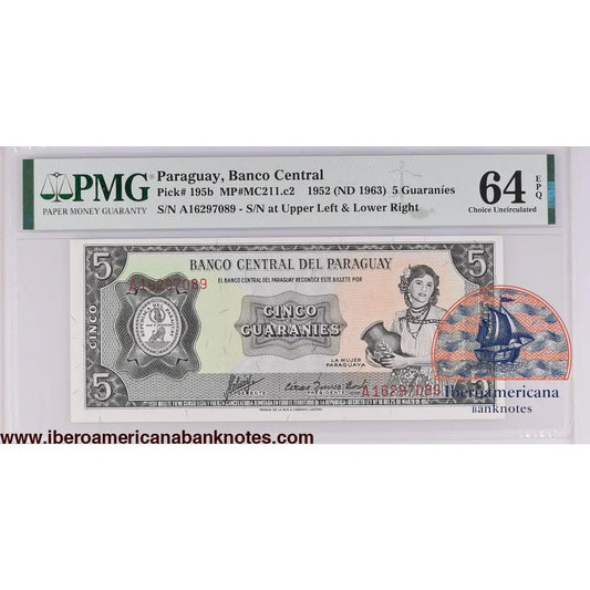 Paraguay 1952 (ND 1963) P-195b PMG Choice UNC 64 EPQ 5 Guaranies