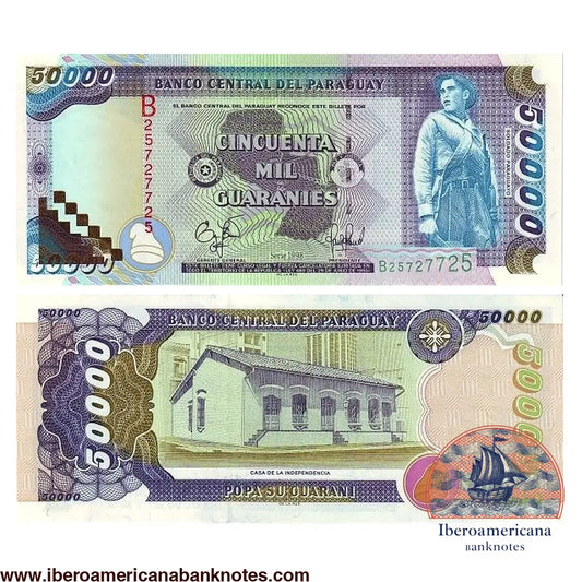 Billete de 50.000 guaraníes de Paraguay de 1998, Pick 218, sin circular. Anverso con un soldado paraguayo y el mapa del país; reverso con la Casa de la Independencia de Asunción.