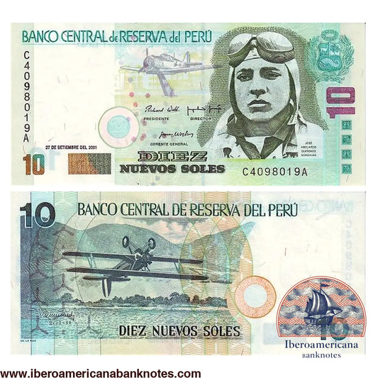 Billete de 10 nuevos soles de Perú de 2001, Pick 175a, sin circular. Anverso con el retrato del aviador José Abelardo Quiñones Gonzáles y un monumento a la aviación; reverso con la ilustración de un biplano invertido.
