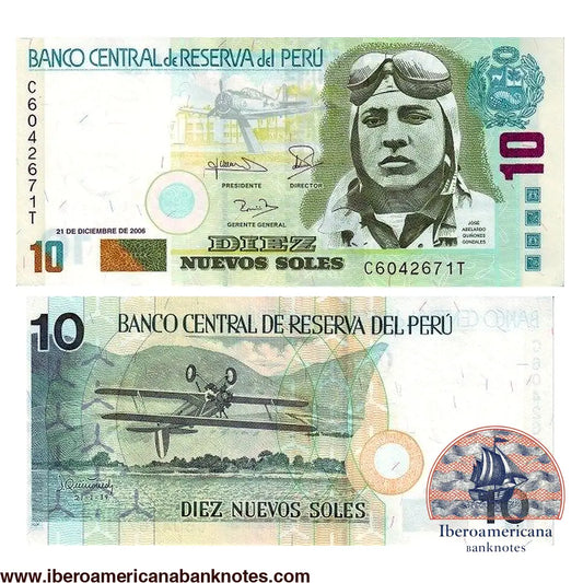 Billete de 10 nuevos soles de Perú de 2006, Pick 179b, sin circular. Anverso con el retrato del aviador José Abelardo Quiñones Gonzáles y un monumento a la aviación; reverso con la ilustración de un biplano invertido.