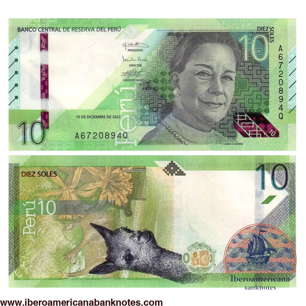 Billete de 10 soles de Perú de 2022, Pick 196, sin circular. Anverso con el retrato de la cantautora Chabuca Granda; reverso con una vicuña y la flor de Amancaes.