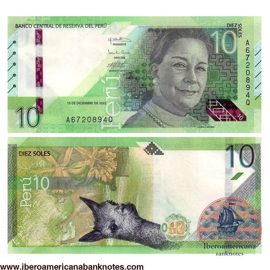 Billete de 10 soles de Perú de 2022, Pick 196, sin circular. Anverso con el retrato de la cantautora Chabuca Granda; reverso con una vicuña y la flor de Amancaes.