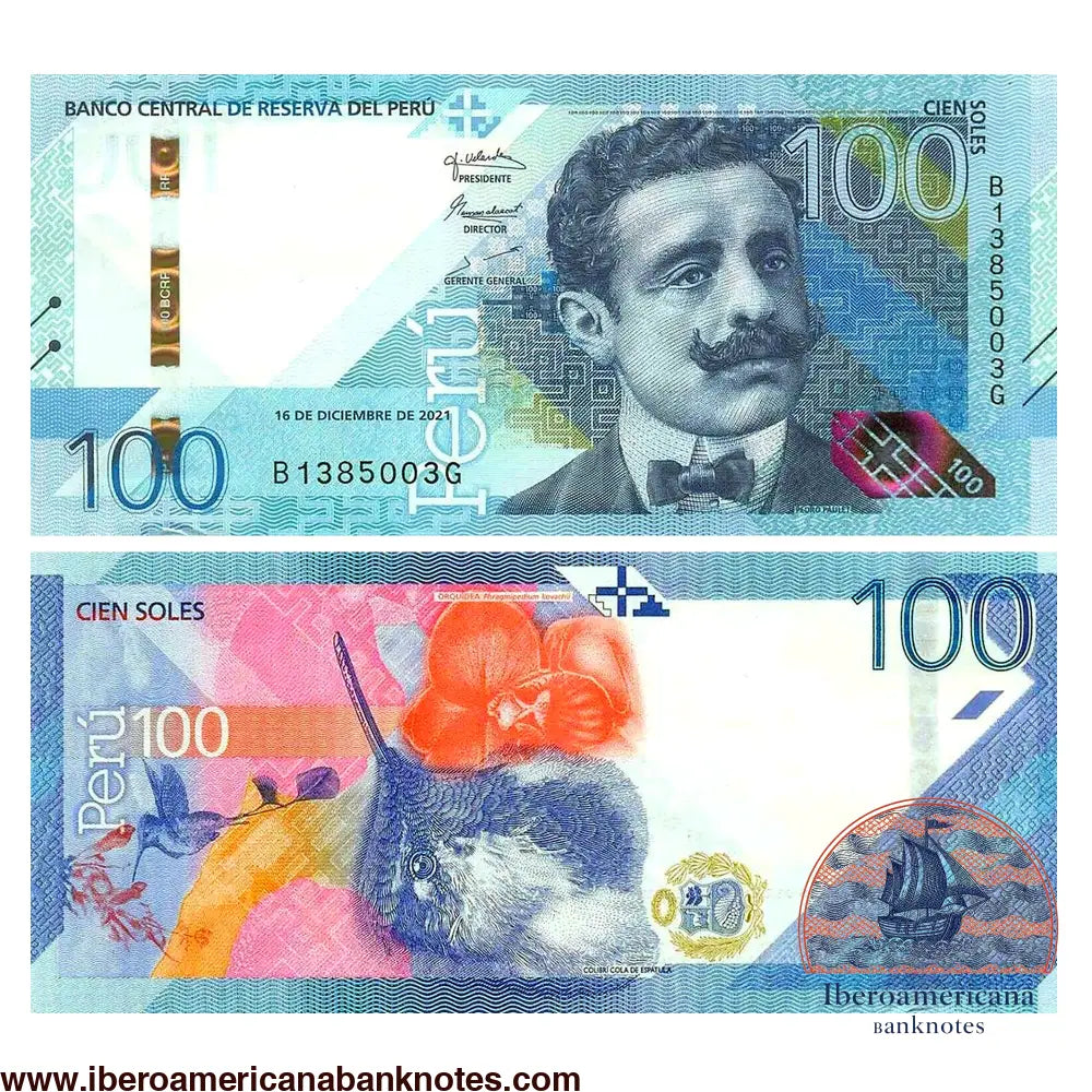 Billete de 100 soles de Perú de 2021, Pick 199, sin circular. Anverso con el retrato del científico Pedro Paulet; reverso con el colibrí cola de espátula y la orquídea Phragmipedium kovachii.