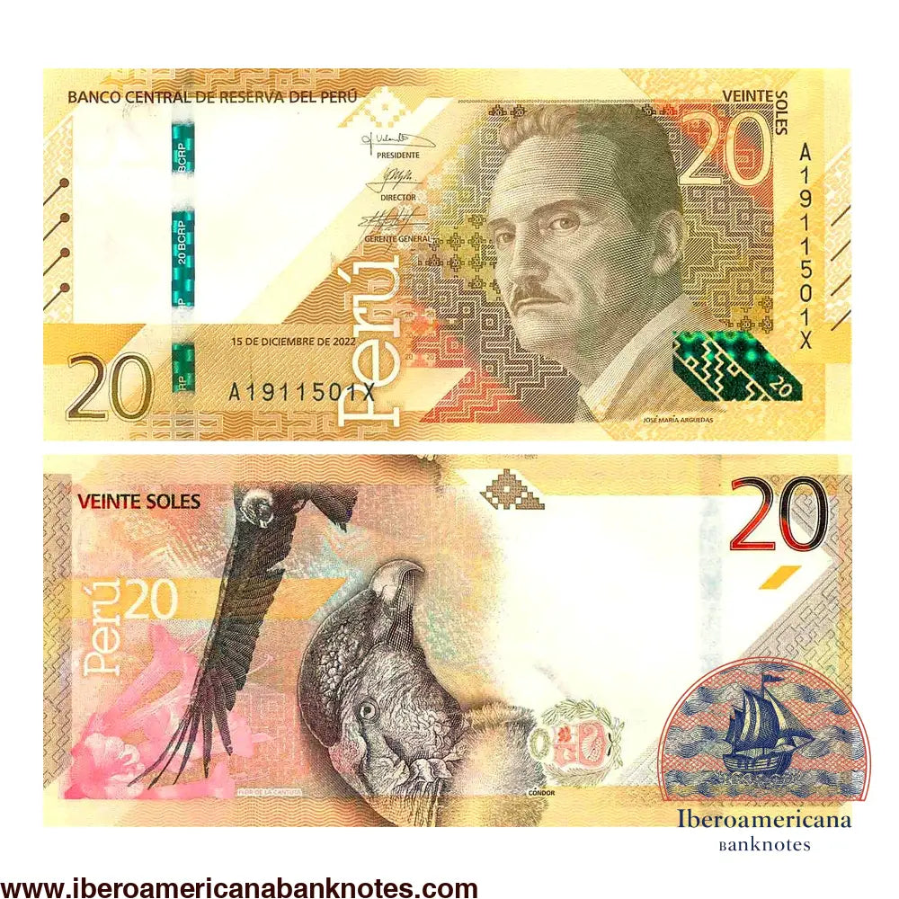 Billete de 20 soles de Perú de 2022, Pick 197, sin circular. Anverso con el retrato del escritor José María Arguedas; reverso con un cóndor andino y la flor de la cantuta.